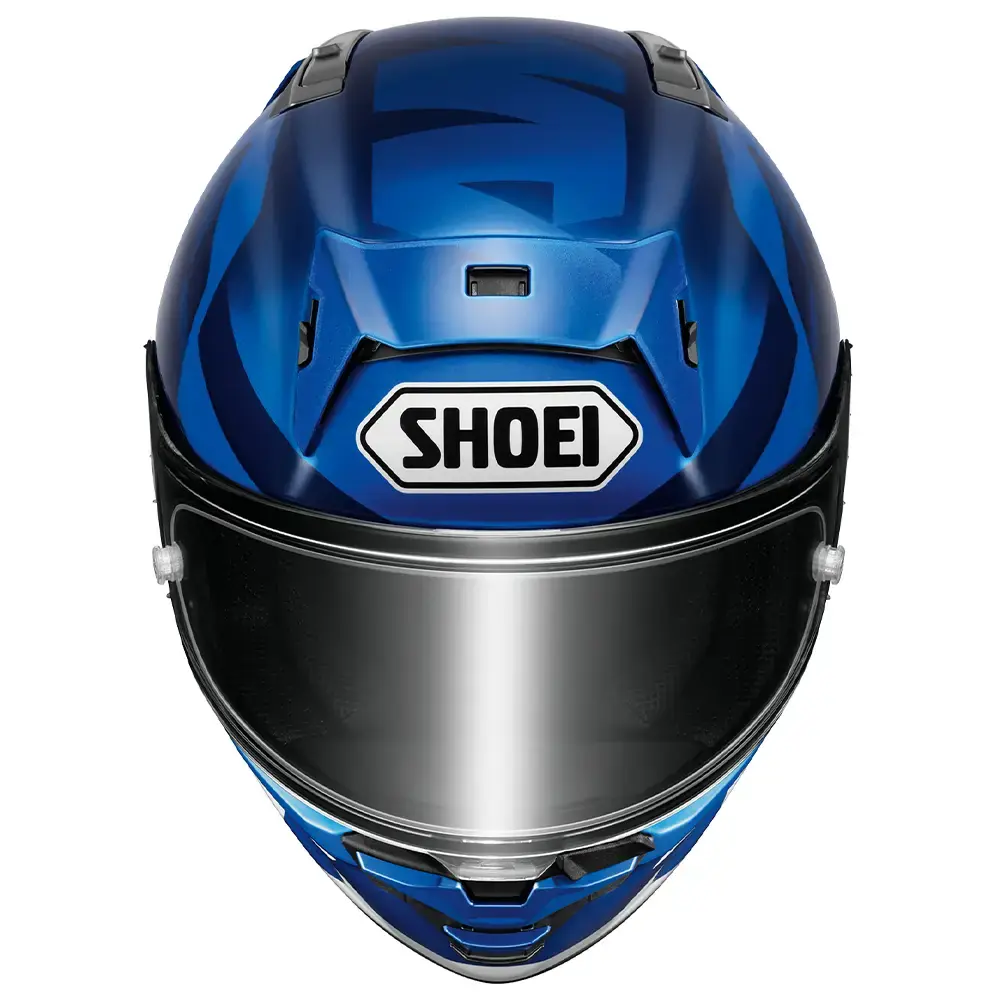 Vista frontal de casco integral Shoei azul brillante con diseño gráfico, visera oscura y logo blanco de Shoei