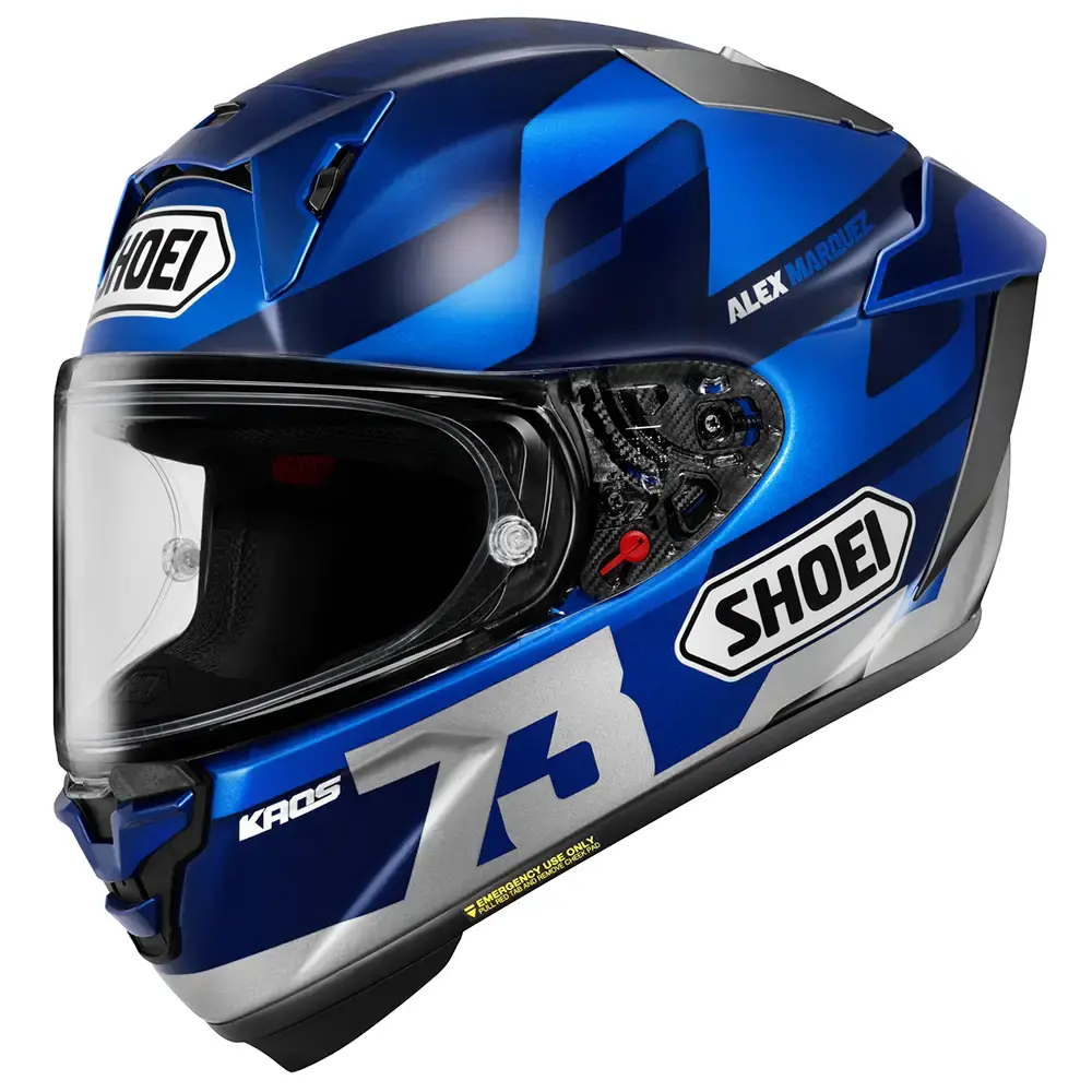 Casco de motocicleta integral SHOEI modelo X-SPR Pro Alex Marquez KAOS 73, diseño aerodinámico en colores azul metálico, plata y negro. Visor transparente con sistema de cierre de seguridad y ventilaciones frontales y superiores. Logotipos SHOEI visibles.