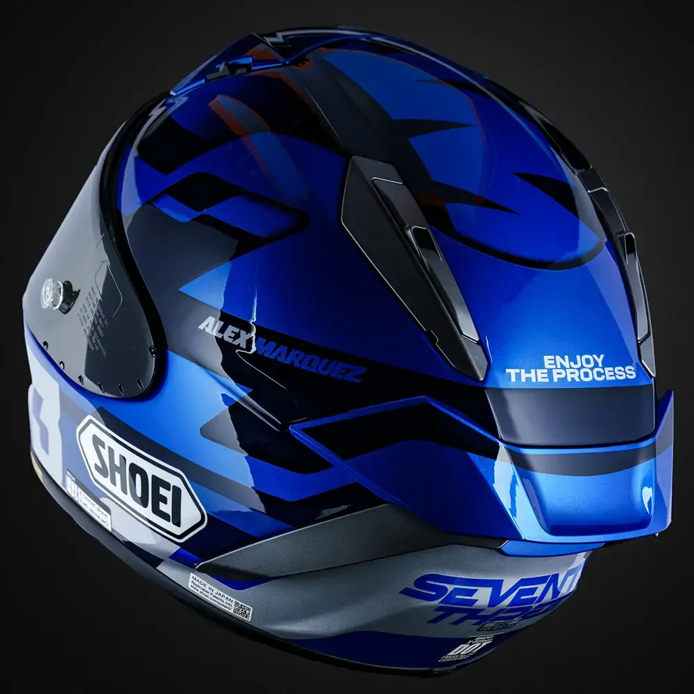 Casco Shoei Alex Marquez azul, diseño deportivo, vista trasera.