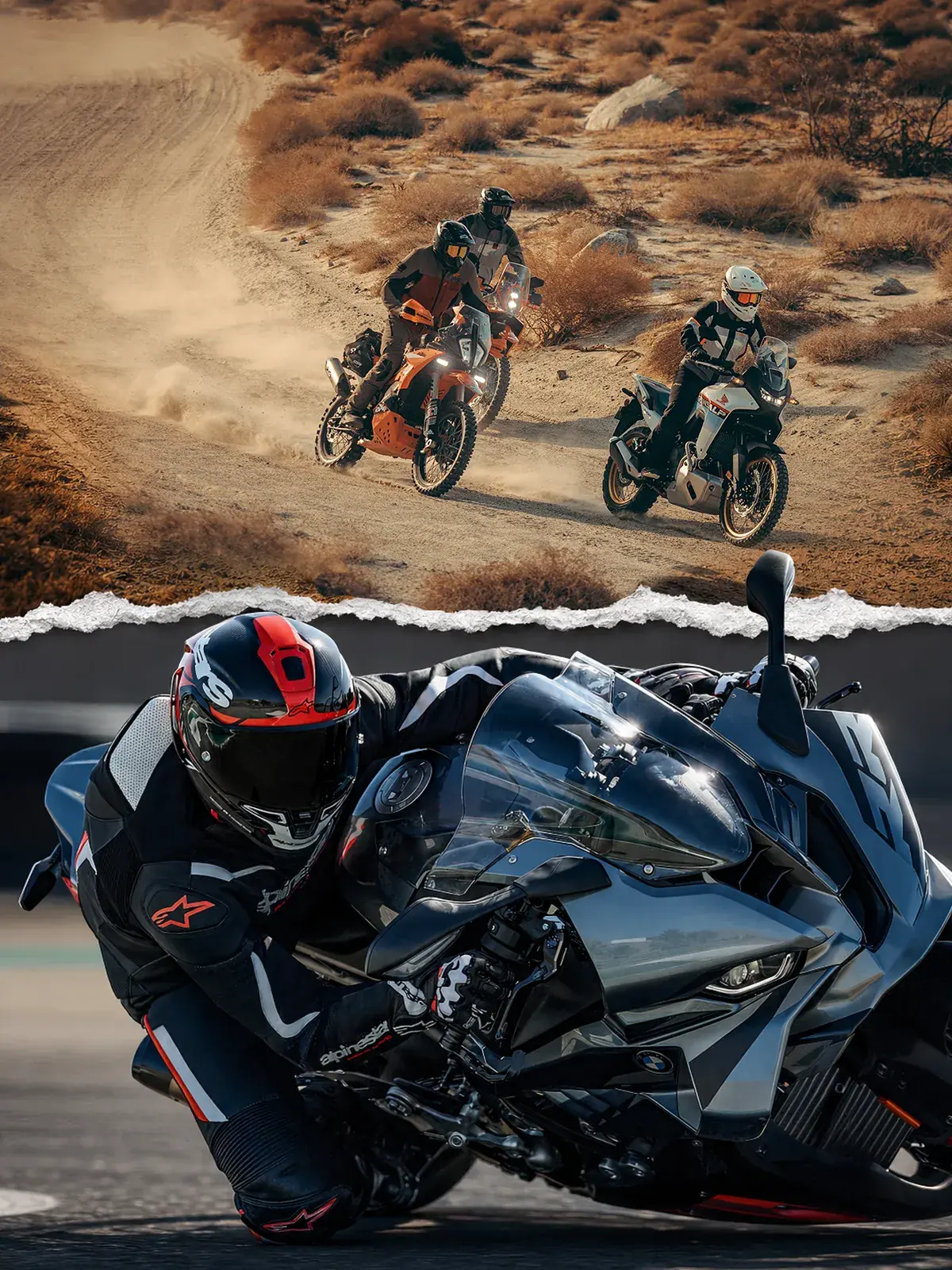 Imagen dividida mostrando motociclistas en motos de aventura en desierto y motociclista en moto deportiva en pista de asfalto.