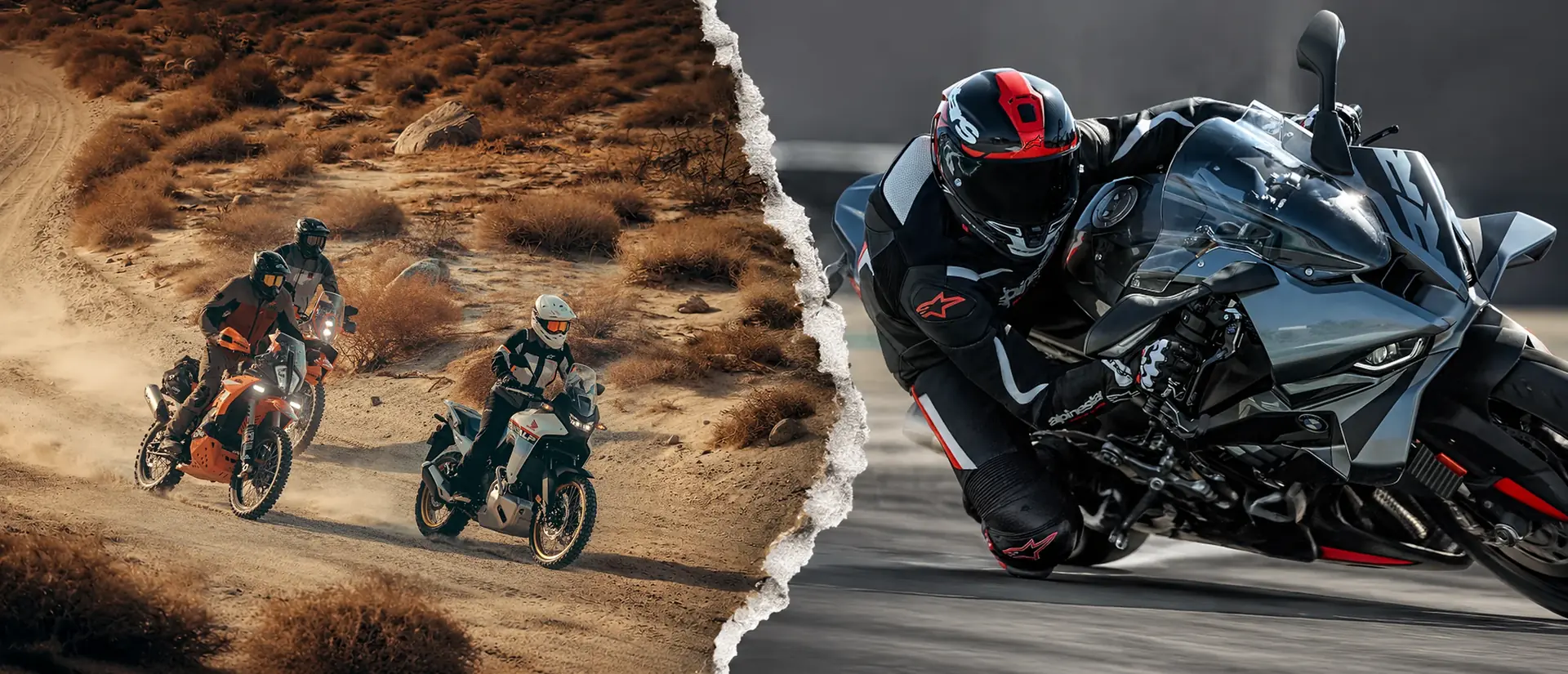 Imagen dividida mostrando motociclistas en motos de aventura en un camino de tierra y un motociclista en una moto deportiva en una pista.