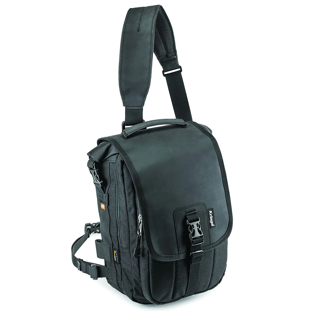Vista frontal y diseño de calota del Kriega Bolsa de Mensajero SLING PRO - Moto Garage Miami