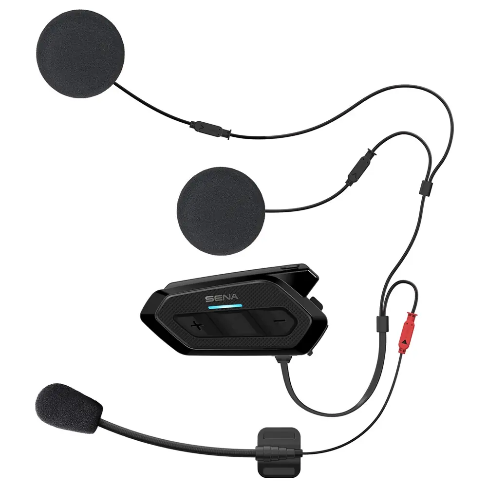 Sistema de intercomunicador Sena Bluetooth con unidad principal negra, dos auriculares redondos negros y micrófono boom.