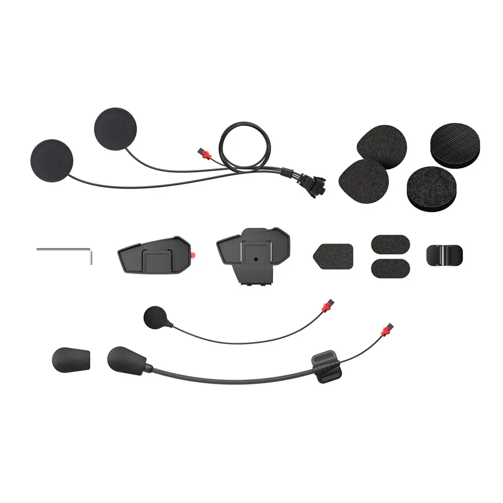 Kit completo de sistema de comunicación Bluetooth para casco de motocicleta, incluye dos altavoces, dos micrófonos, dos unidades de control, accesorios de montaje y almohadillas de espuma.