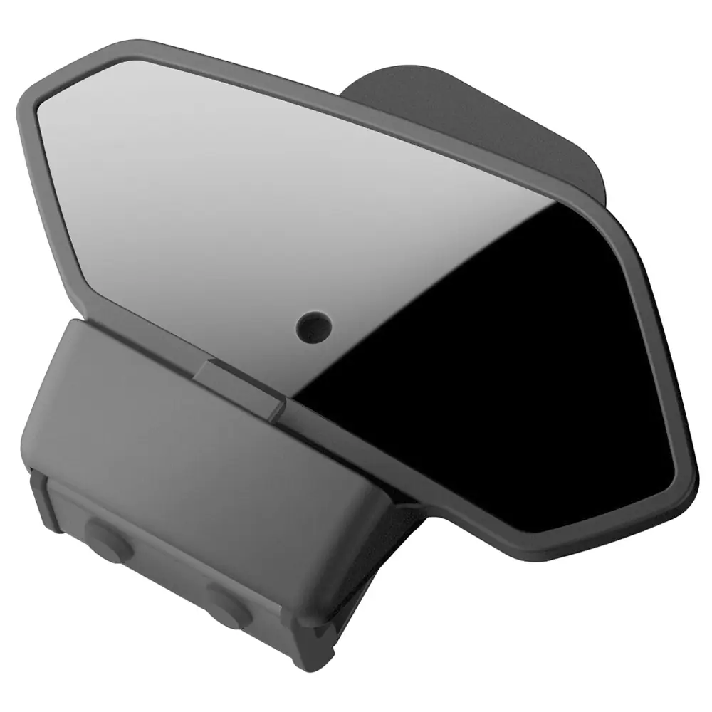 Espejo retrovisor de motocicleta, plegable, color gris oscuro, con superficie reflectante y base ajustable.