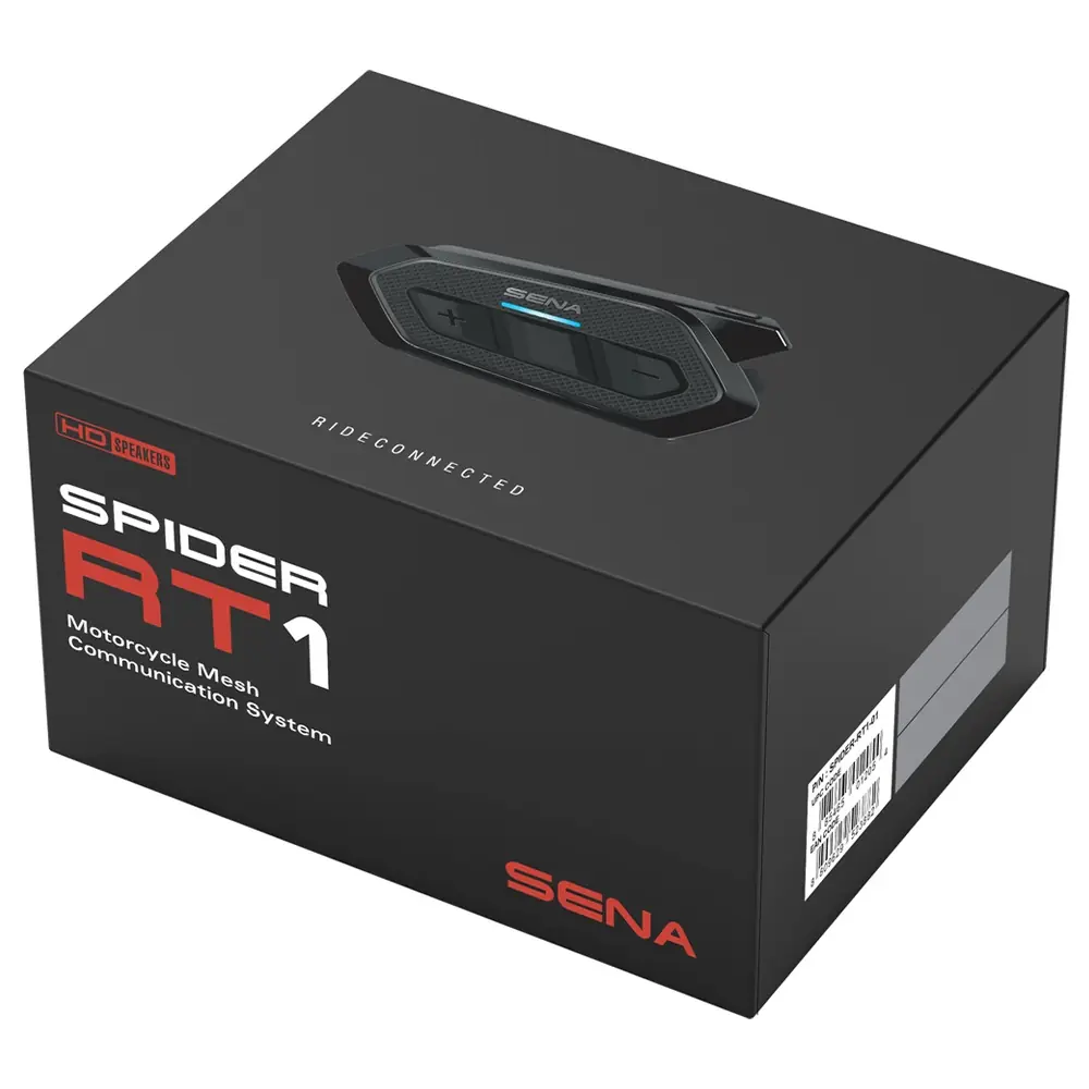 Caja del sistema de comunicación Sena Spider RT1 con el dispositivo intercomunicador en la parte superior. Incluye altavoces HD y tecnología Mesh para motocicletas.