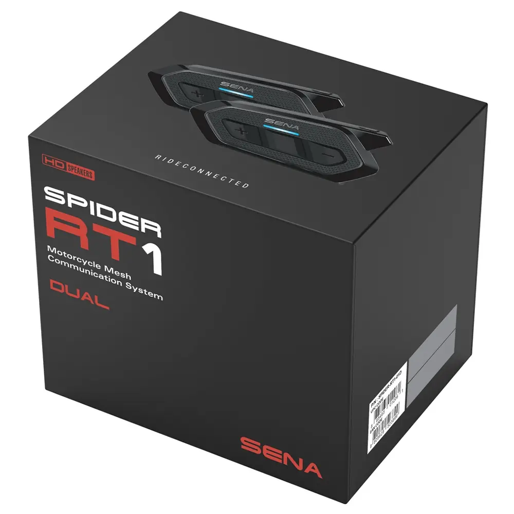 Caja del sistema de comunicación de motocicleta Sena Spider RT1 Dual con altavoces HD, vista frontal y lateral.