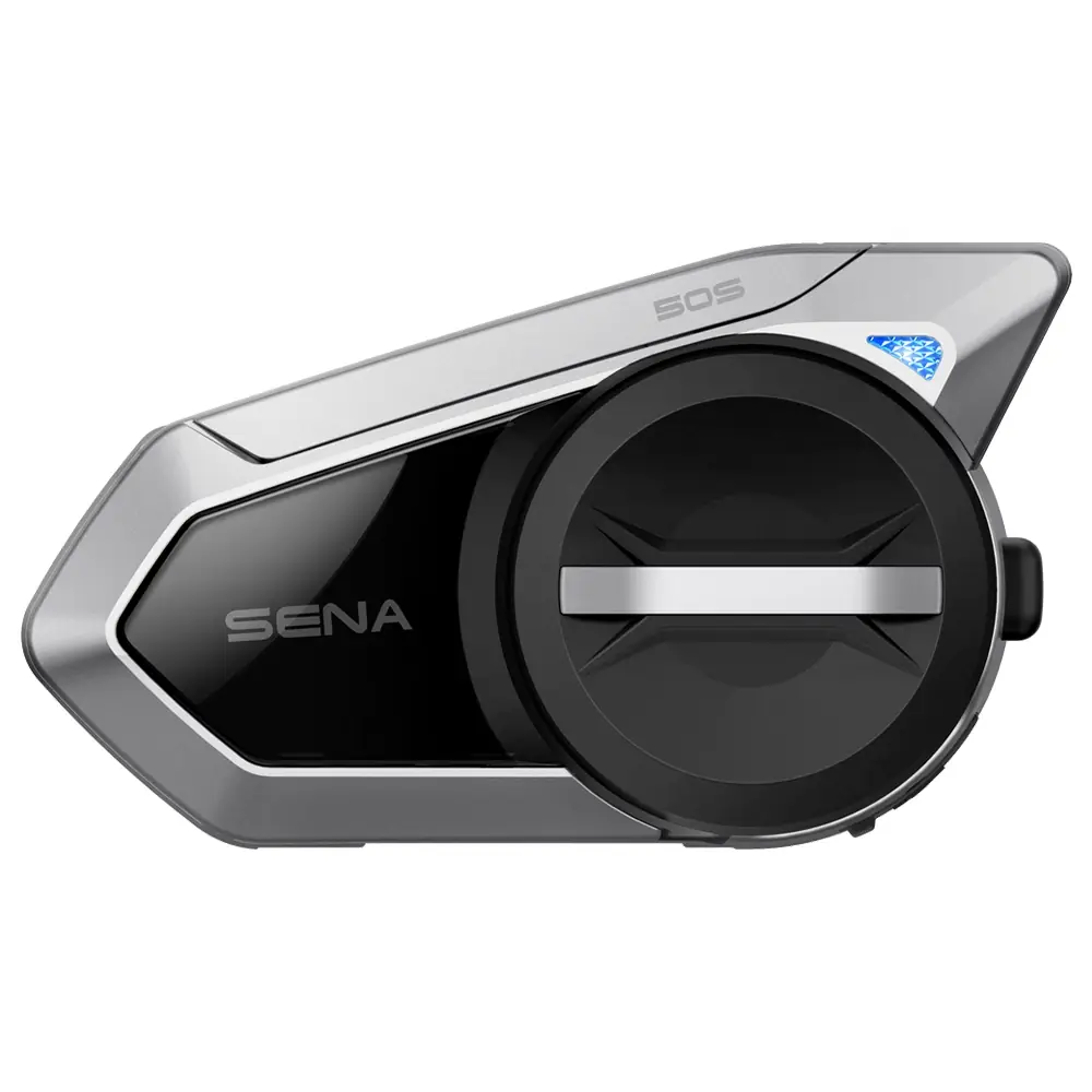 Dispositivo de comunicación Bluetooth Sena con función SOS, color gris metálico y negro, con dial de control central.