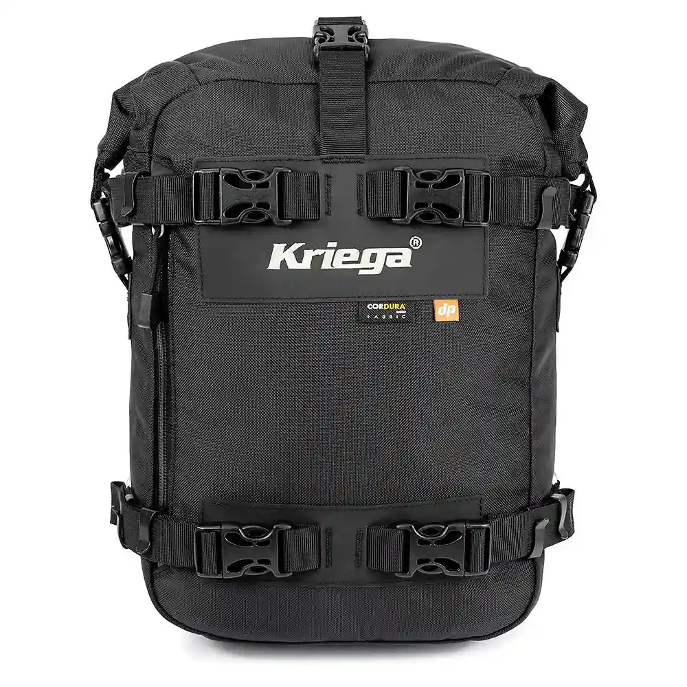 Vista frontal y diseño de calota del Kriega US-10 Drypack - Moto Garage Miami