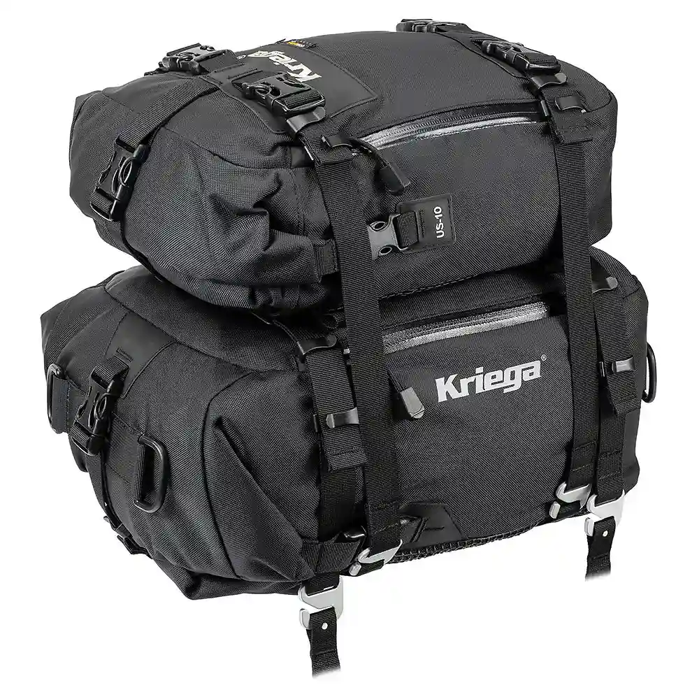 Primer plano de la construcción y material del Kriega US-10 Drypack - Moto Garage Miami