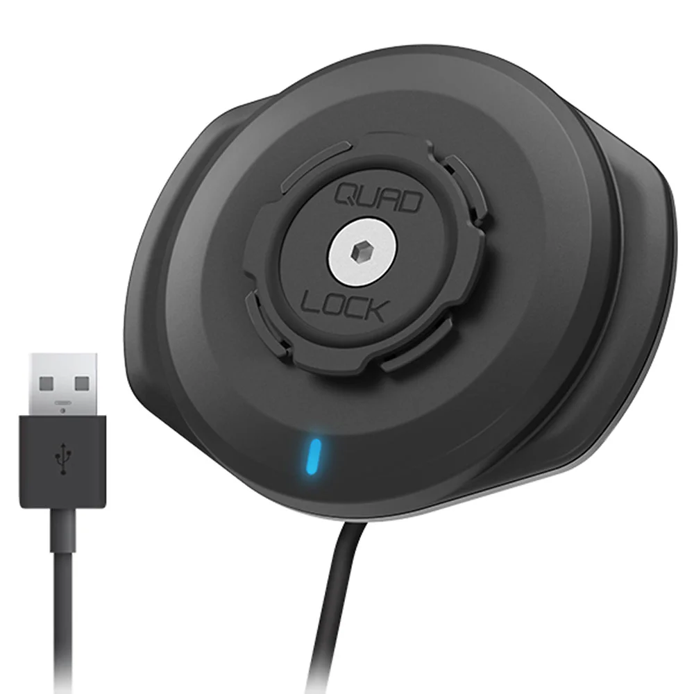 Vista frontal y diseño de calota del CABEZAL DE CARGA INALÁMBRICO USB RESISTENTE A LA INTEMPERIE - Moto Garage Miami