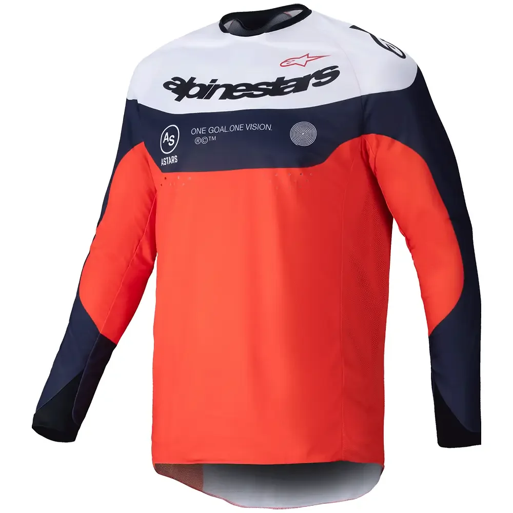 Materiales y estética visual de la versión Azul Marino/Naranja Fuego/Blanco, 2XL del Jersey Pro-Dura - Moto Garage Miami