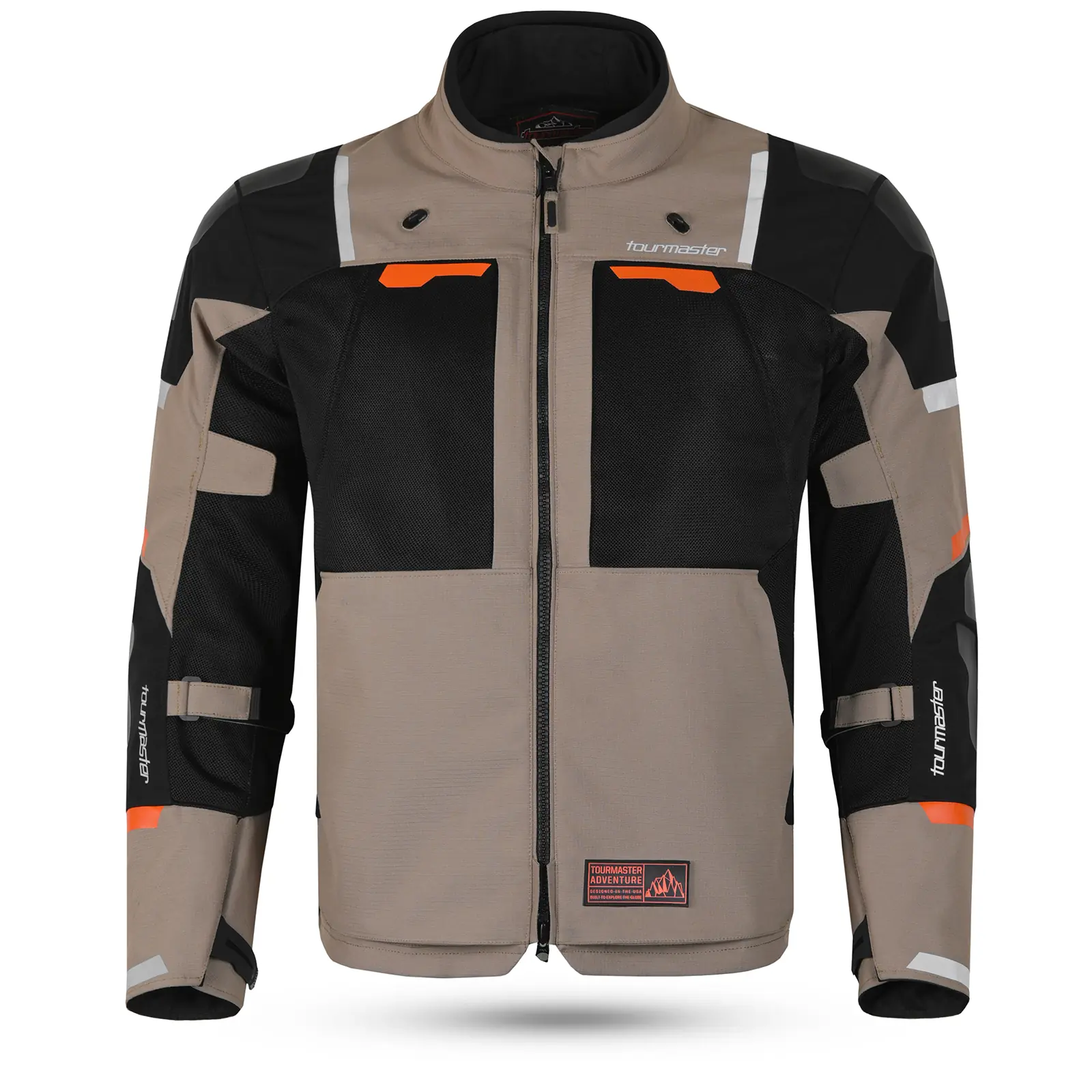 Chaqueta de motocicleta Tourmaster color beige, negro y naranja con detalles reflectantes, paneles de malla y logo 'Tourmaster Adventure'.