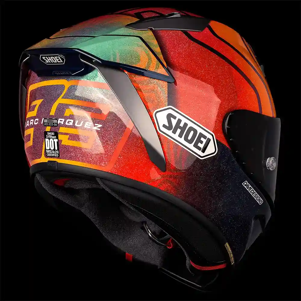 Primer plano de la construcción y material del X-FIFTEEN MARQUEZ HOLI / Casco SHOEI - Moto Garage Miami
