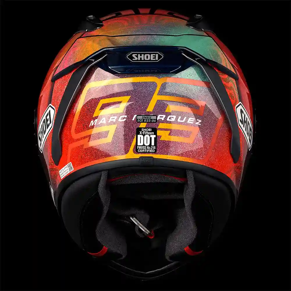 Vista frontal y diseño de calota del X-FIFTEEN MARQUEZ HOLI / Casco SHOEI - Moto Garage Miami