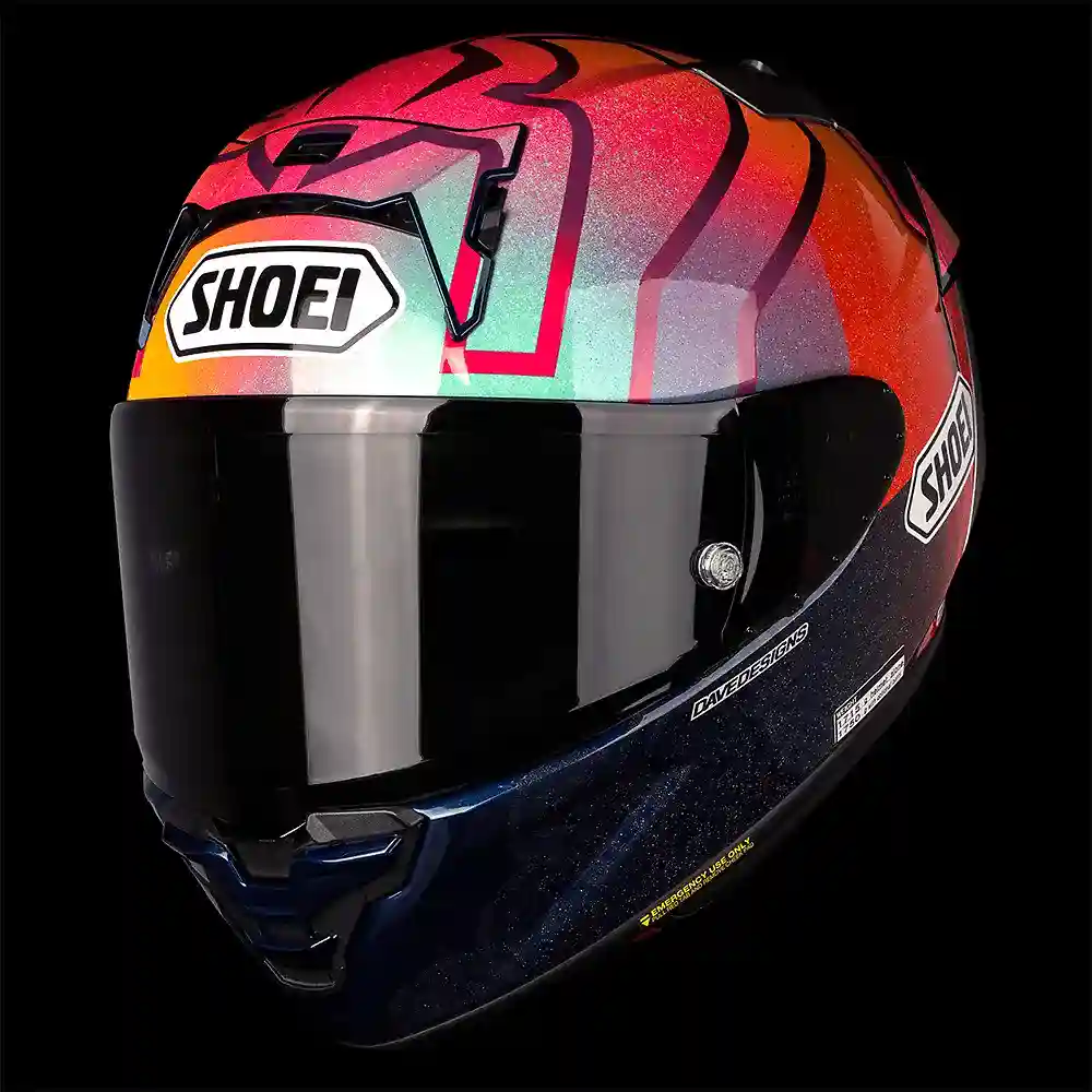 Primer plano de la construcción y material del X-FIFTEEN MARQUEZ HOLI / Casco SHOEI - Moto Garage Miami