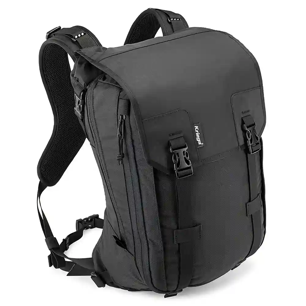 Vista frontal y diseño de calota del Mochila Expandible MAX28 - Moto Garage Miami