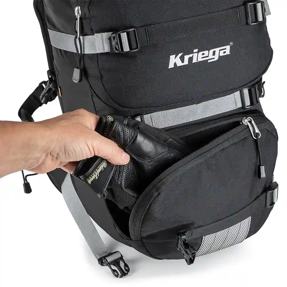Primer plano de la construcción y material del Mochila R30 - Moto Garage Miami