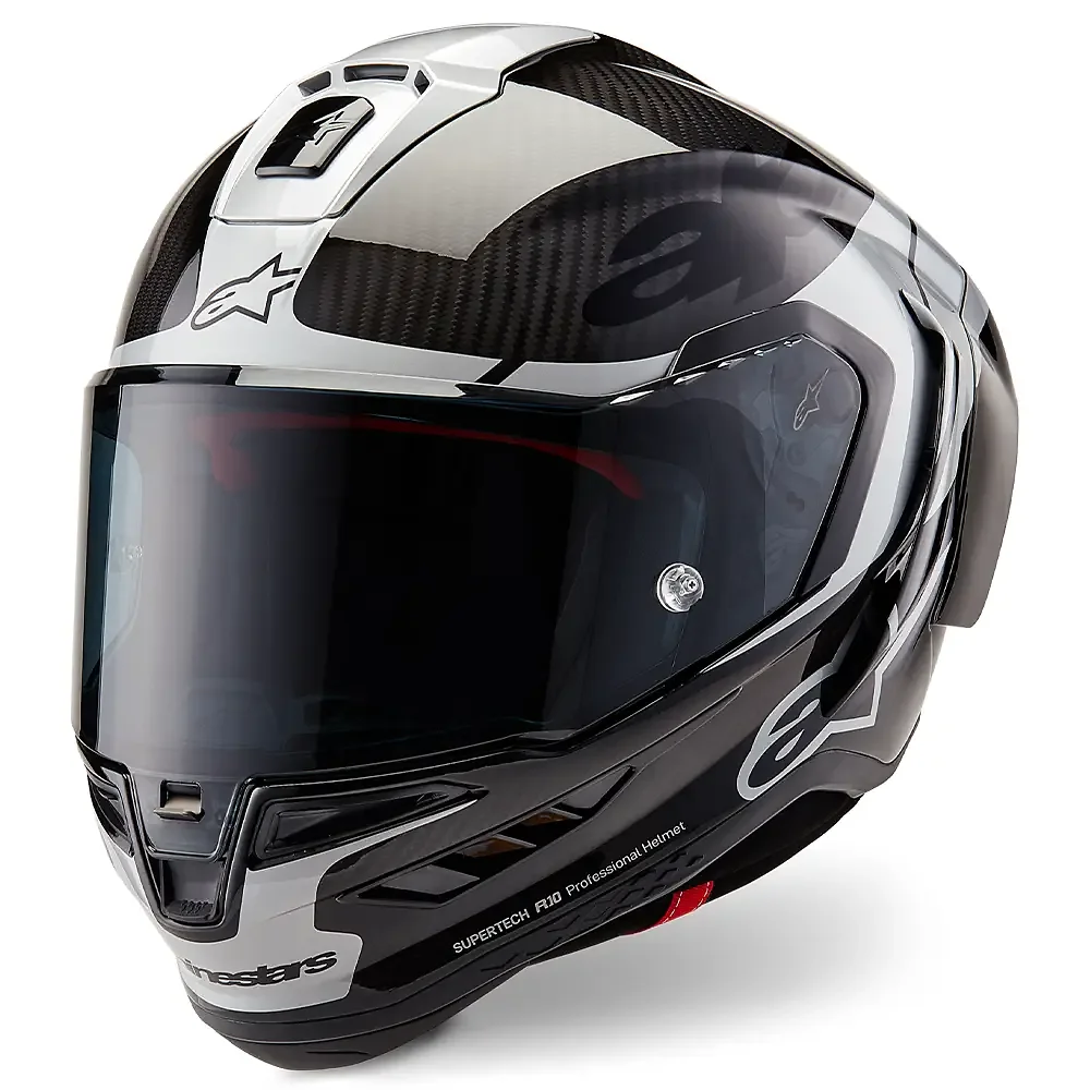 Materiales y estética visual de la versión Negro/Carbono Plateado/Negro Brillante, 2XL del Supertech R10 ELEMENT / Casco - Moto Garage Miami
