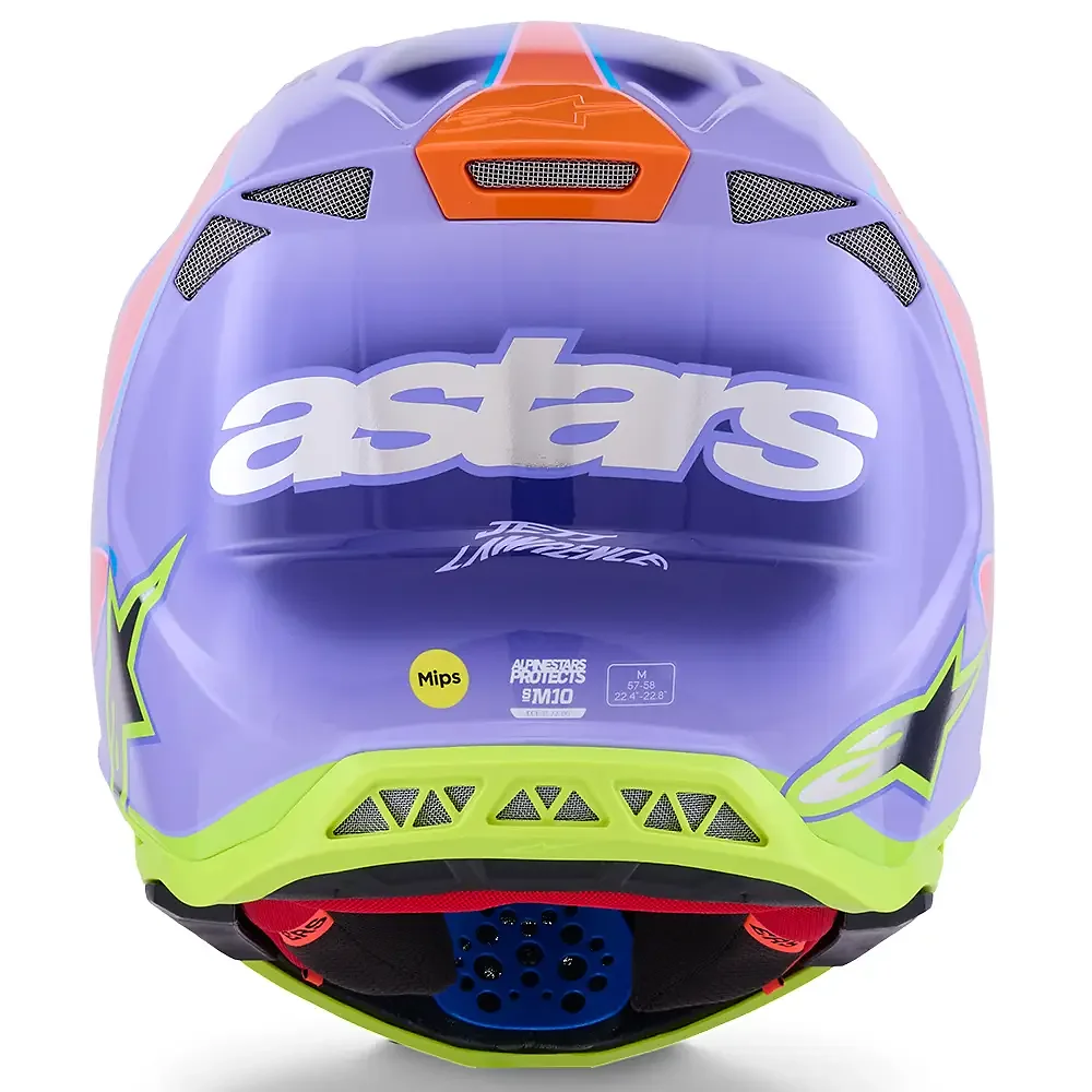 Vista frontal y diseño de calota del SUPERTECH M10 Jett Lawrence R01 Casco Alpinestars - Moto Garage Miami