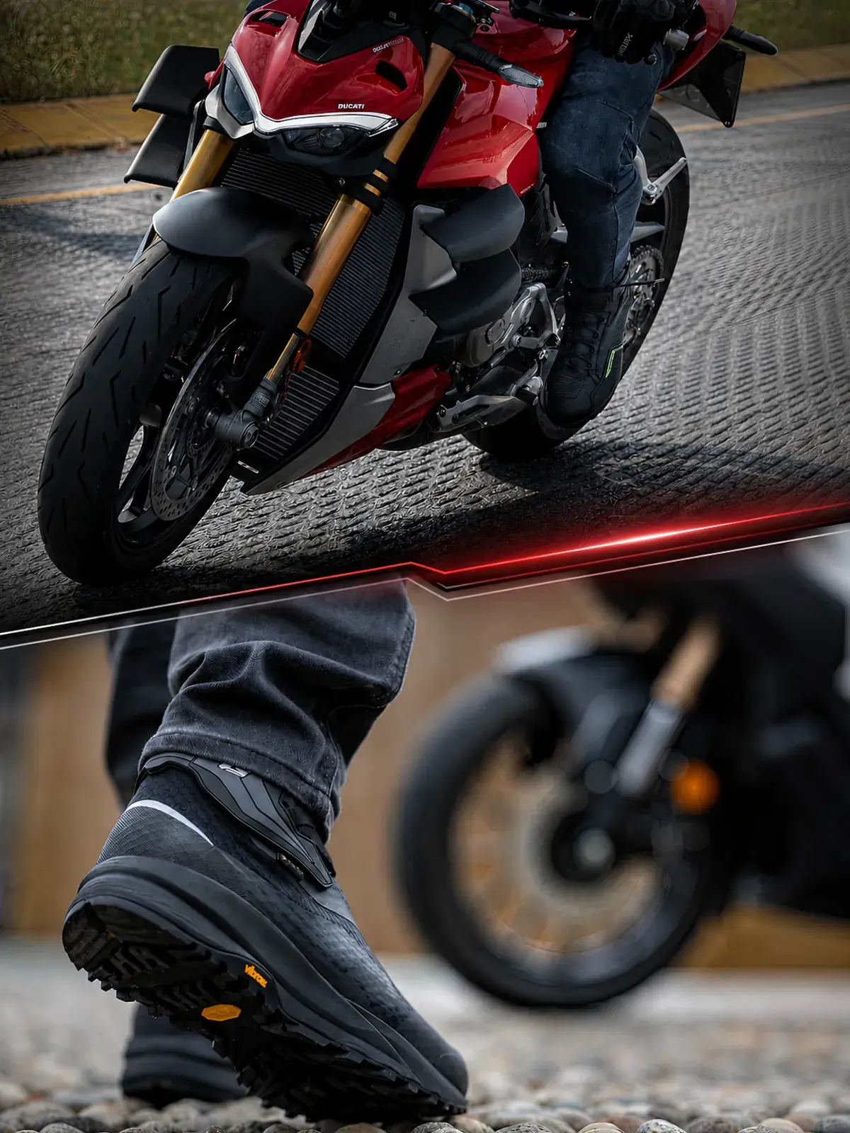 Parte frontal de motocicleta Ducati Streetfighter V4 roja y detalle de bota de moto negra con suela Vibram.