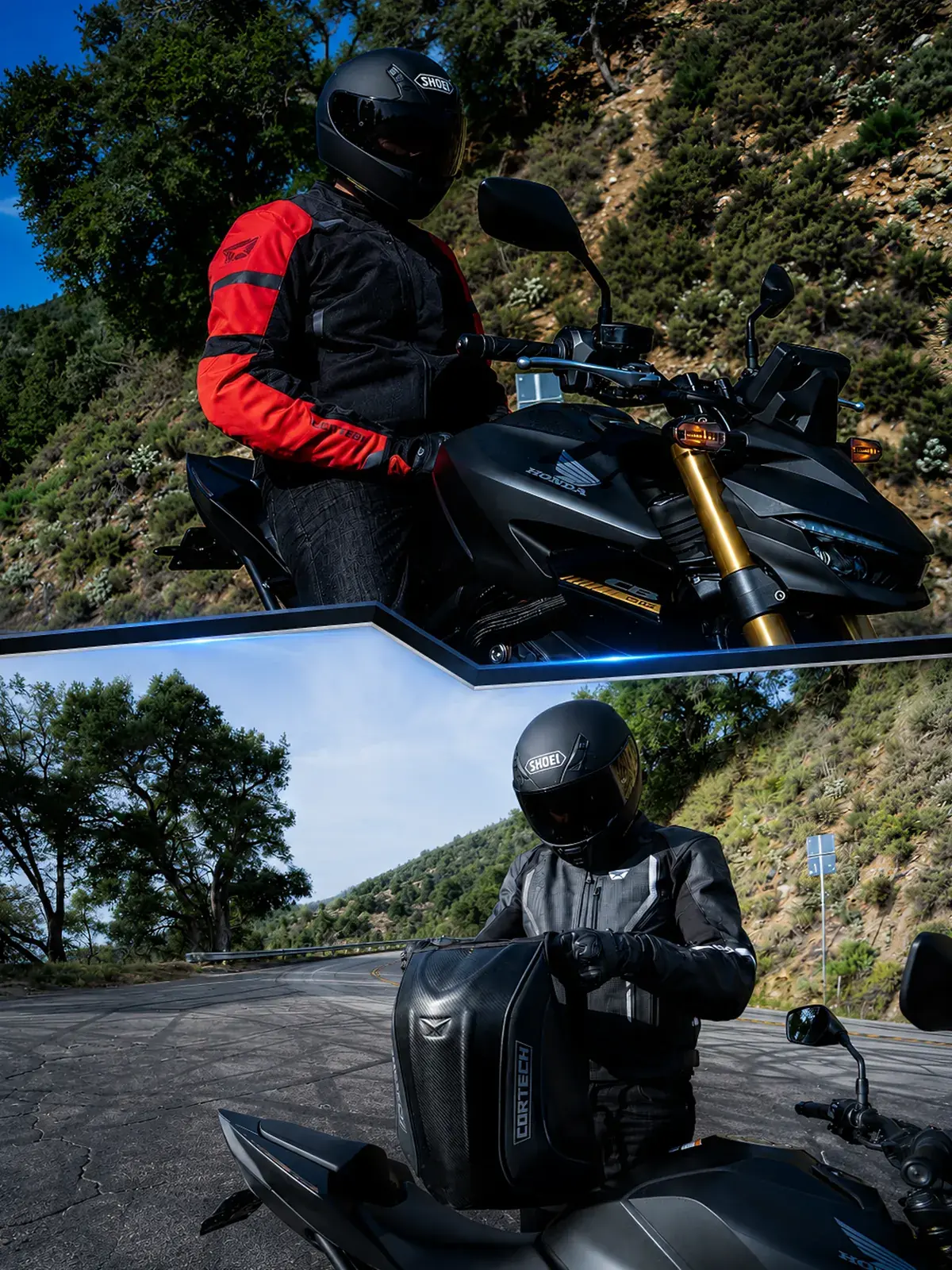 Imagen dividida: arriba, motociclista con casco Shoei y chaqueta roja en Honda CB; abajo, ajustando bolsa Cortech en moto en carretera de montaña.