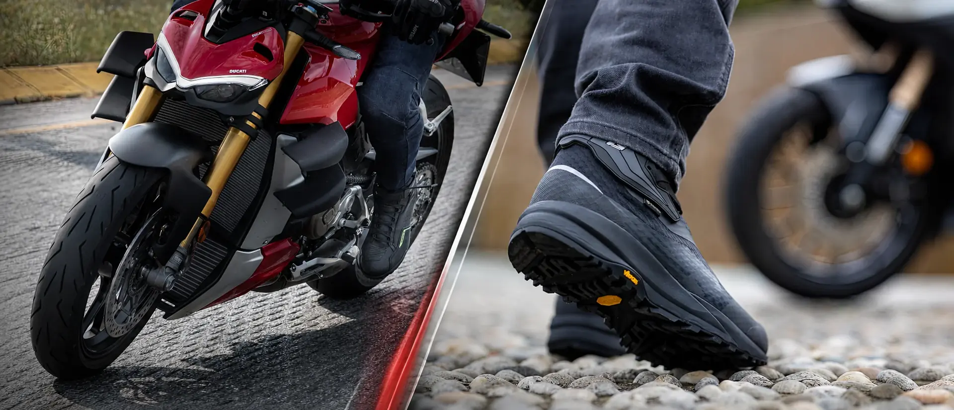 Primer plano de bota de motocicleta negra con suela rugosa y detalles de protección, usada por un motociclista junto a una Ducati roja.