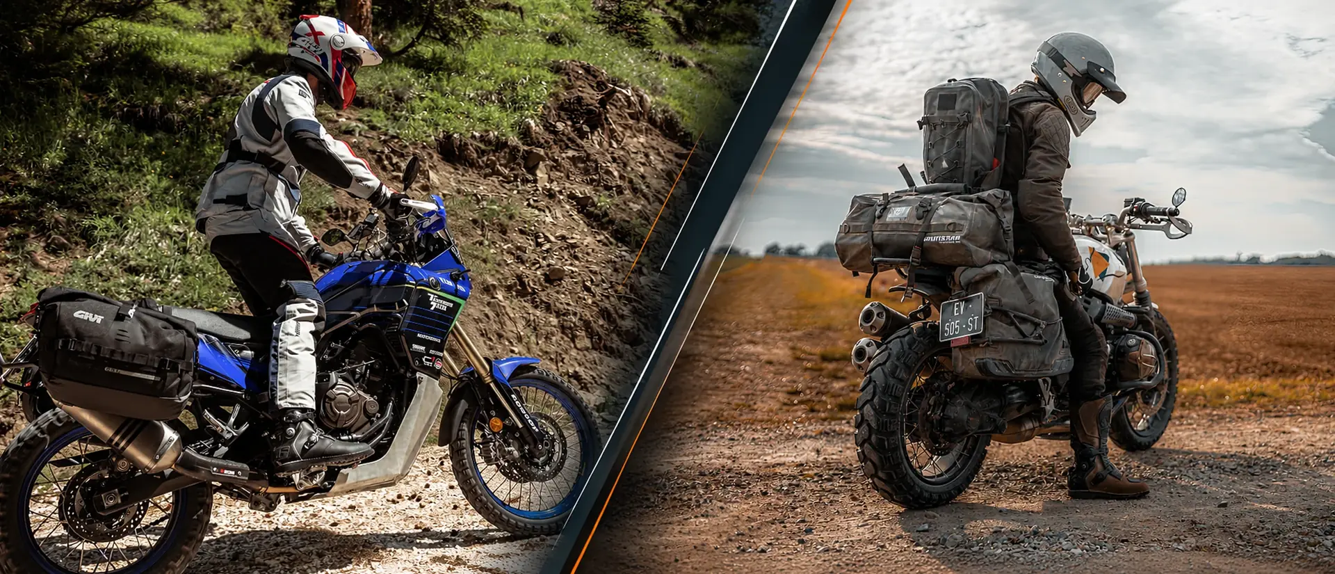 Dos motocicletas de aventura equipadas con equipaje blando GIVI y Mosko Moto en entornos off-road.