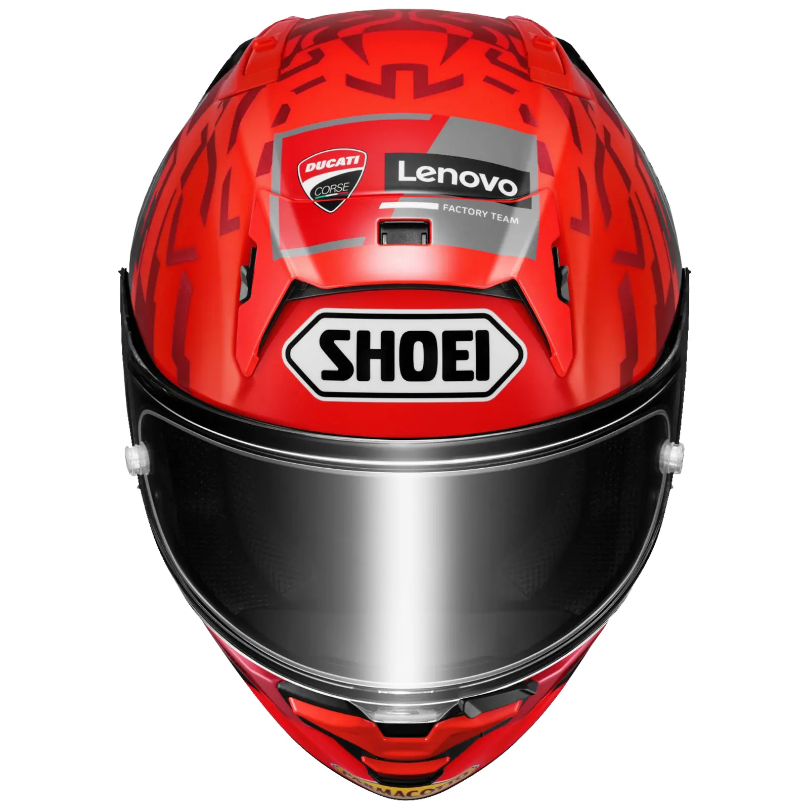 Casco de motocicleta integral Shoei, color rojo con gráficos Ducati Corse y Lenovo Factory Team, visor iridiado.