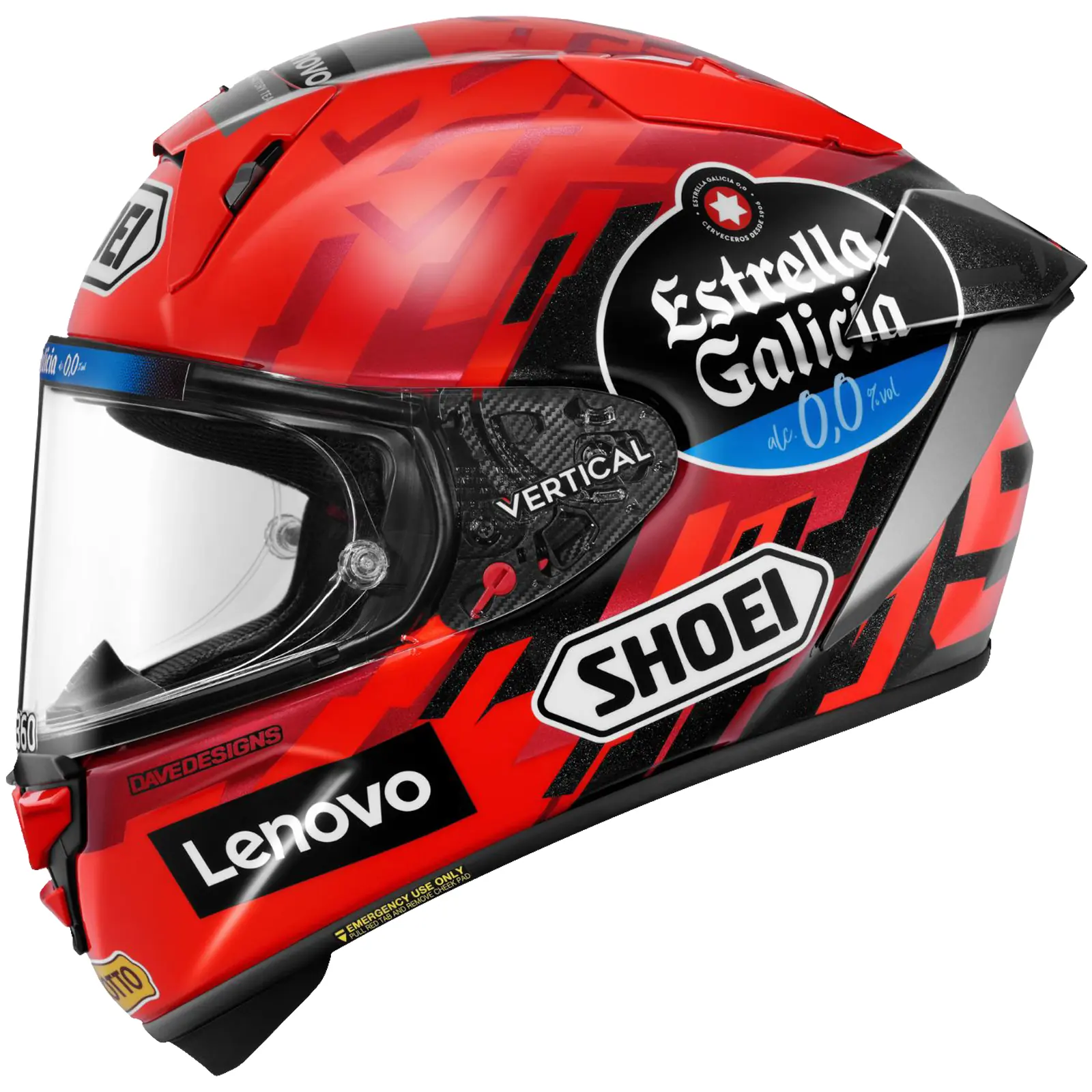 Casco de motocicleta integral Shoei de competición, color rojo y negro con gráficos geométricos, logos de Estrella Galicia 0,0 y Lenovo. Visor transparente, sistema de extracción de emergencia.