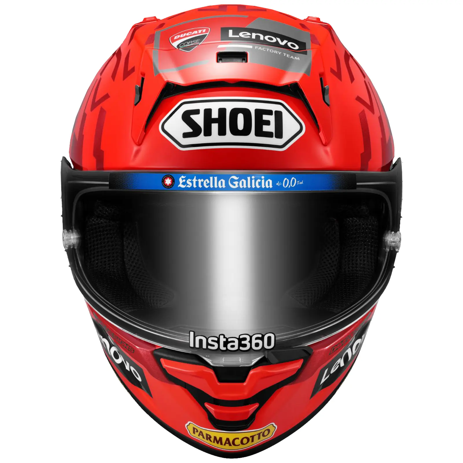 Casco integral de motocicleta Shoei en color rojo, vista frontal. Presenta logotipos de Ducati Corse, Lenovo Factory Team, Estrella Galicia 0,0, Insta360 y Parmacotto. Visor oscuro y ventilaciones frontales.