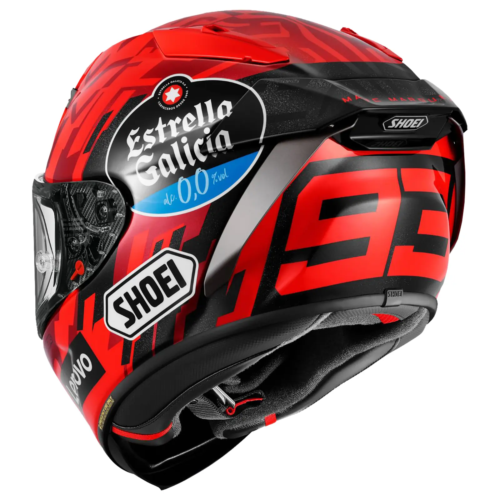 Casco de motocicleta Shoei X-Spirit III o similar, vista trasera/lateral, color rojo y negro con diseño gráfico, logotipos de Estrella Galicia 0,0, Shoei y número 93 de Marc Márquez. Detalles de ventilación superior y mecanismo de visera.