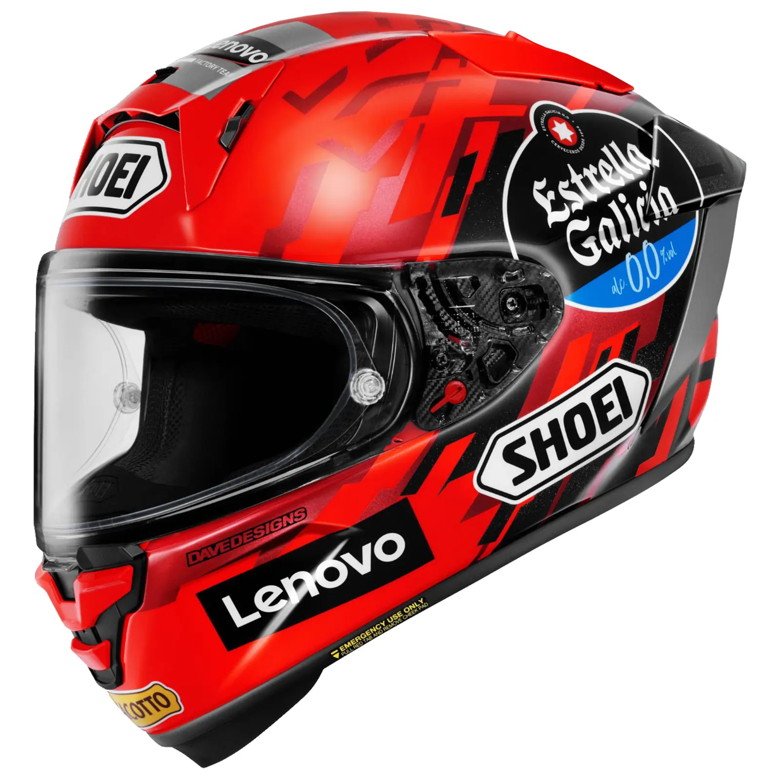 Casco integral Shoei con gráficos rojos, negros y grises, logos Lenovo, Estrella Galicia 0,0%, Dave Designs, Cotto. Visor claro. Vista lateral.