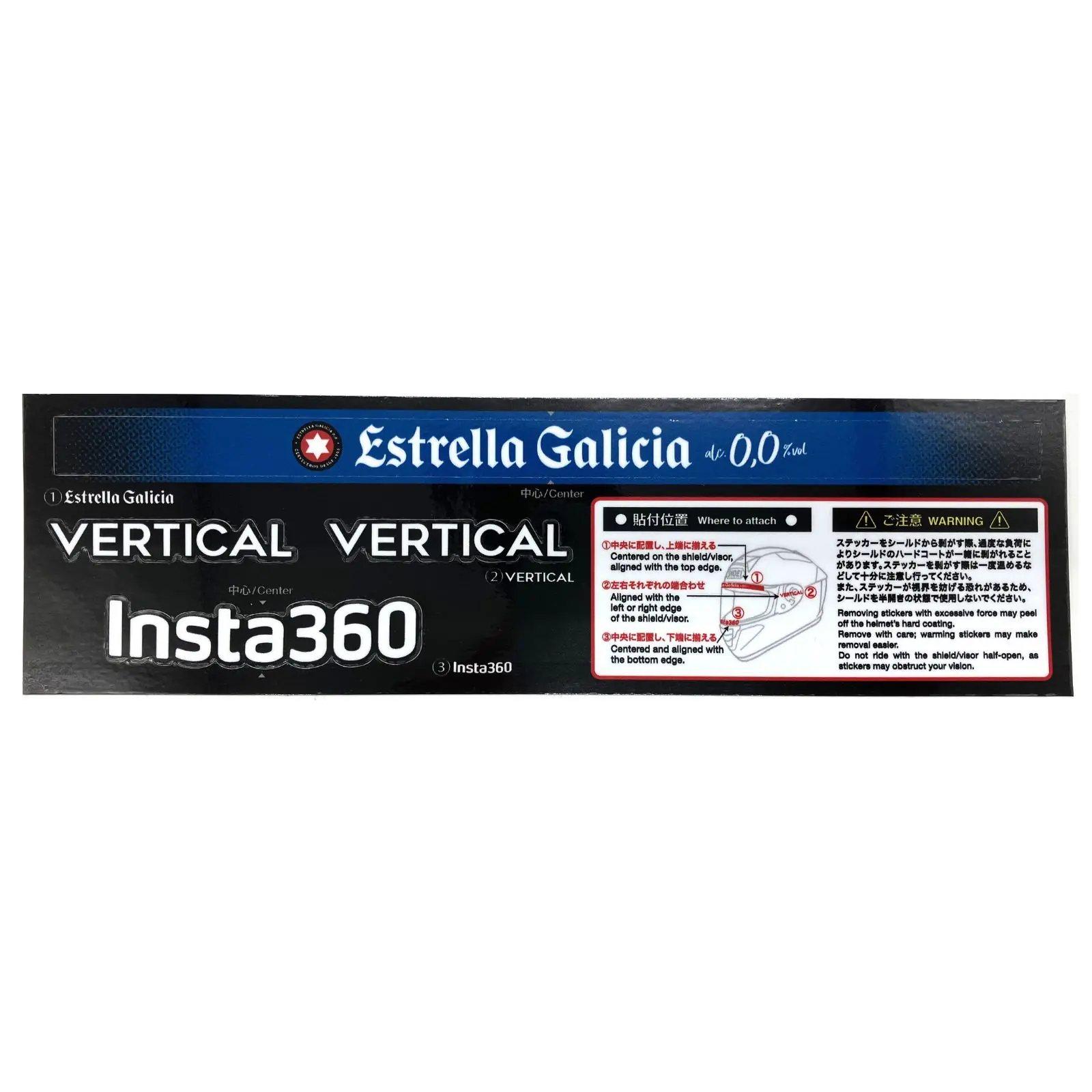 Pack de adhesivos para casco con logos Estrella Galicia 0,0 e Insta360, instrucciones de aplicación vertical y advertencias de uso.
