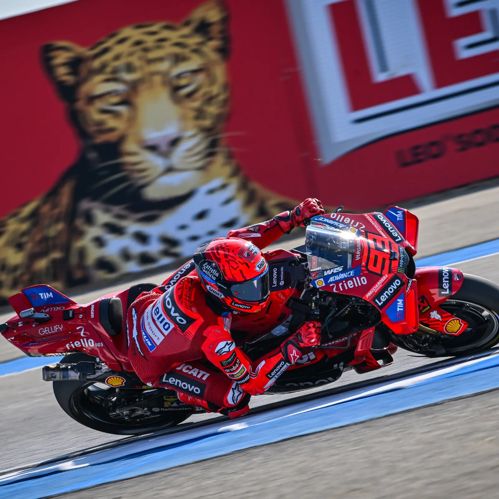 Piloto de motociclismo en mono rojo inclinándose agresivamente en una motocicleta Ducati roja con múltiples patrocinadores en una pista de carreras.